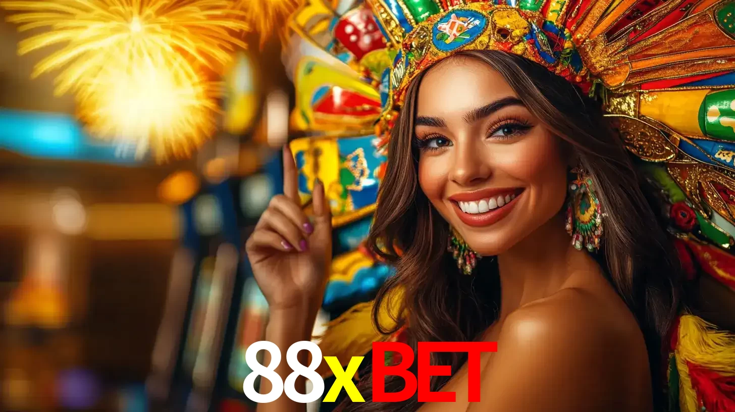 Mulher sorridente com um cocar de carnaval vibrante e colorido, celebrando uma grande vitória nos jogos do cassino 88xbet com fogos de artifício ao fundo.