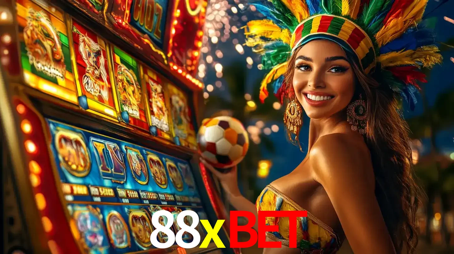 Mulher com um cocar de carnaval ao lado de uma máquina de caça-níqueis enquanto segura uma bola de futebol, mostrando a união da diversão de cassino e esportes no 88xbet.