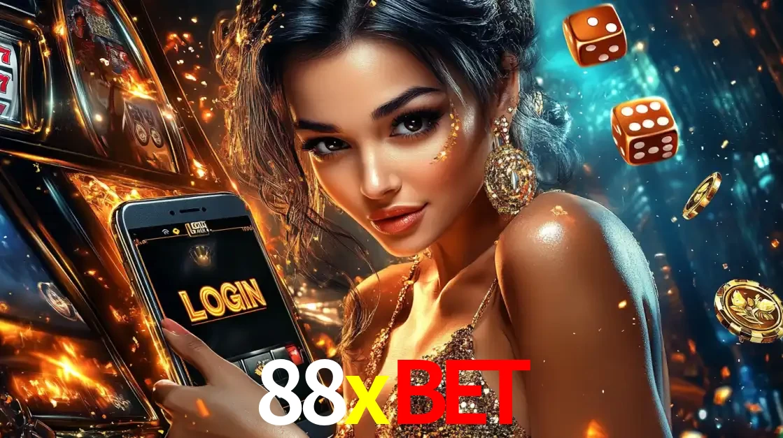 Mulher glamourosa segurando um celular com a tela de login do cassino 88xbet, rodeada por dados e moedas douradas, pronta para começar a diversão.