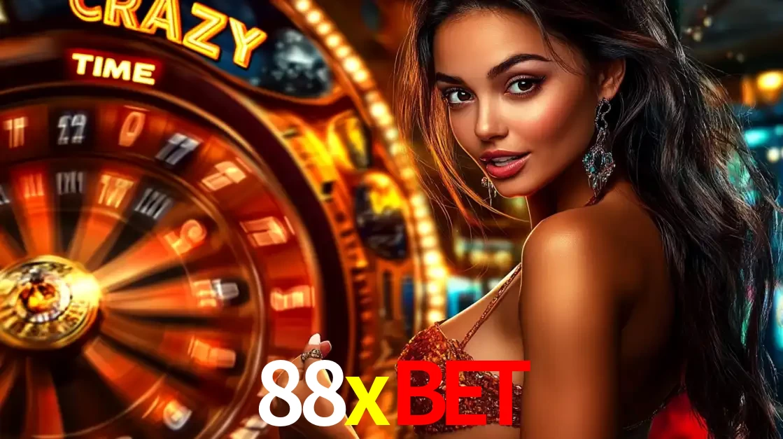 Mulher ao lado da roda de prêmios do jogo de cassino ao vivo Crazy Time, um dos shows de jogos mais emocionantes oferecidos pela plataforma de apostas 88xbet.