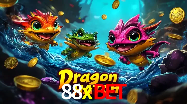 Arte promocional do jogo Dragon Hatch com três adoráveis dragões bebês nadando entre moedas de ouro, um dos slots mais divertidos para jogar no cassino 88xbet.
