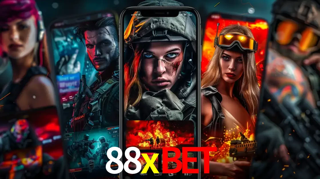 Montagem de telas de celular mostrando diversos personagens, masculinos e femininos, de um jogo de tiro, ilustrando a diversidade de equipes de e-sports para apostar no 88xbet.