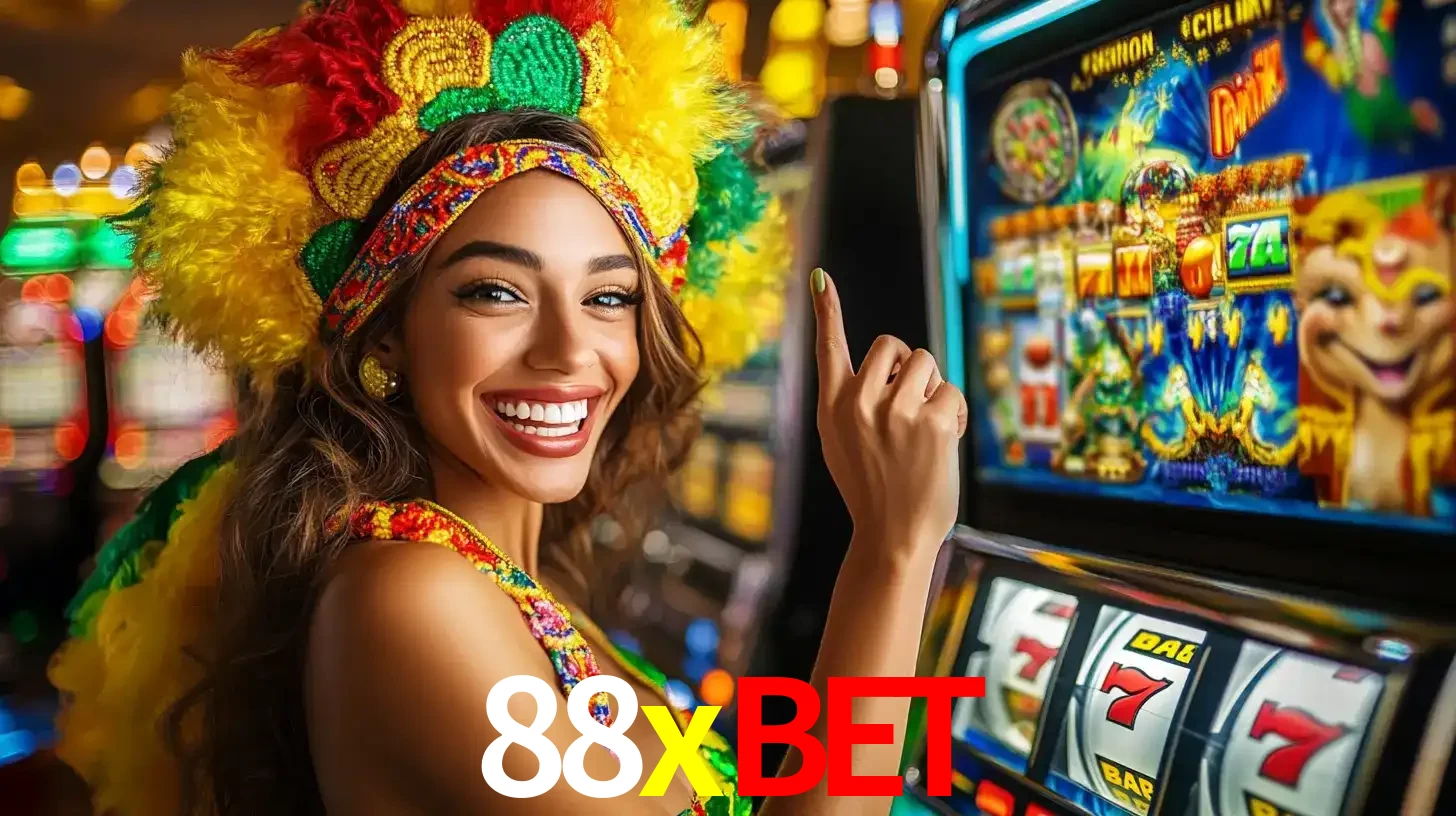Mulher animada com um cocar de carnaval apontando para uma máquina de caça-níqueis, mostrando a emoção de ganhar um grande prêmio nos jogos do 88xbet.
