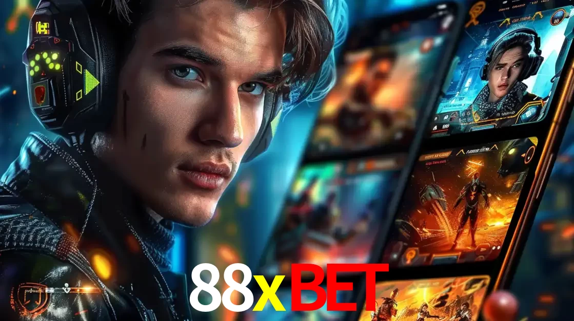 Jovem jogador com fones de ouvido olhando para a câmera, com um aplicativo de jogos e e-sports para celular ao fundo, pronto para a competição e apostas no 88xbet.