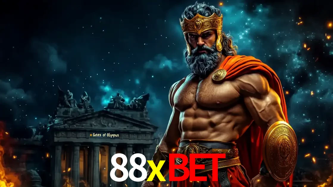 O poderoso Zeus do jogo de slot Gates of Olympus em frente ao seu templo, pronto para lançar multiplicadores divinos e prêmios épicos no cassino online 88xbet.