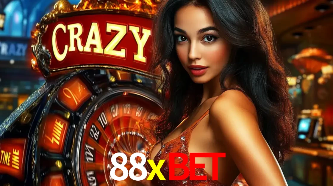 Mulher glamourosa olhando para a câmera com a roda vermelha do Crazy Time ao fundo em um ambiente de cassino, destacando a emoção dos jogos ao vivo no 88xbet.