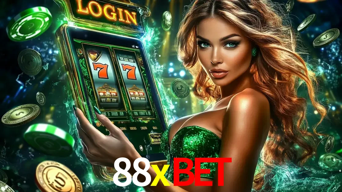 Mulher com tema verde apresentando o aplicativo do cassino 88xbet com um jogo de slot de 777, cercada por fichas de cassino e uma aura de sorte.