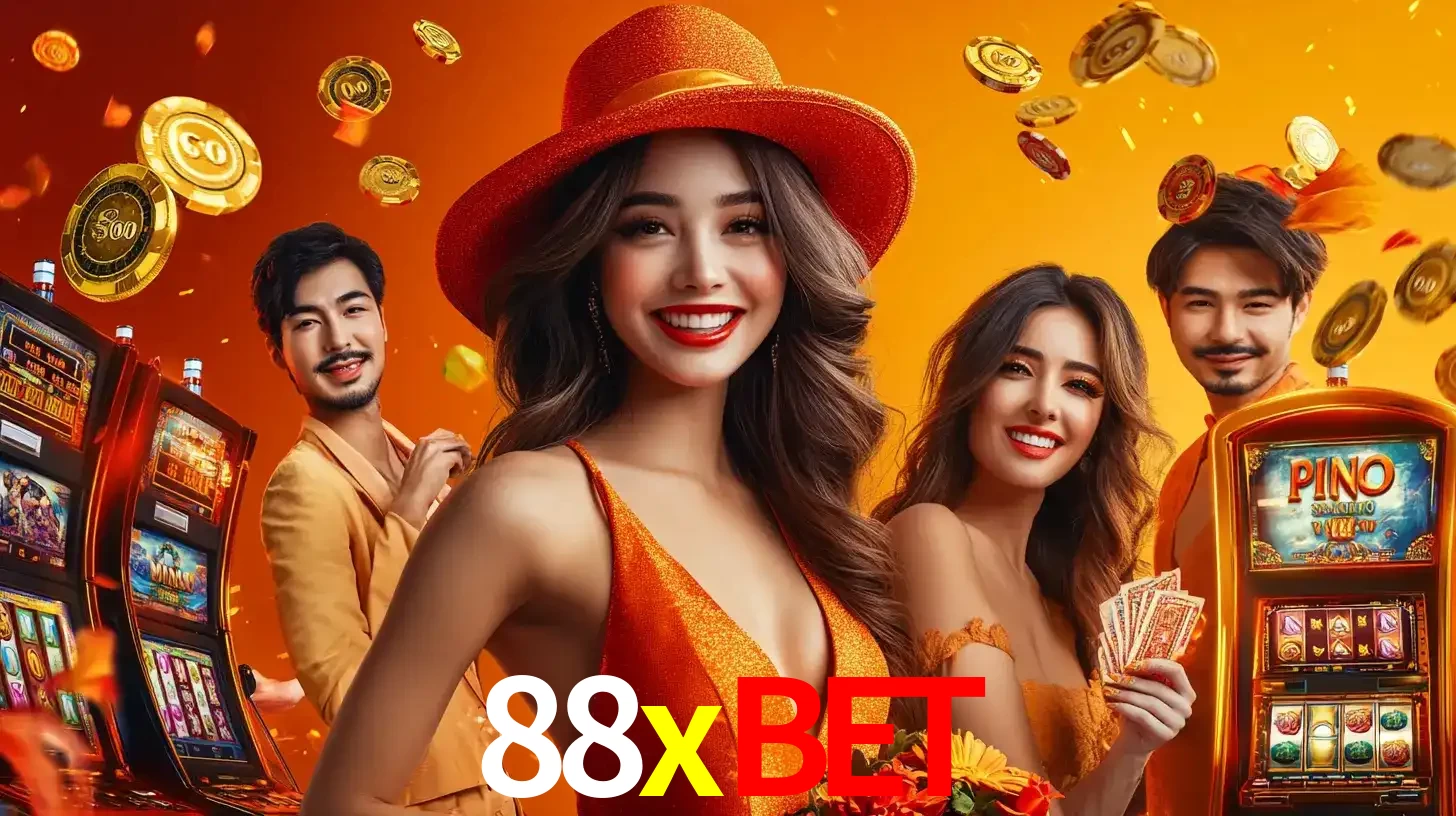 Grupo de amigos asiáticos sorrindo e se divertindo com máquinas de caça-níqueis em um ambiente festivo, celebrando suas vitórias nos jogos de cassino do 88xbet.