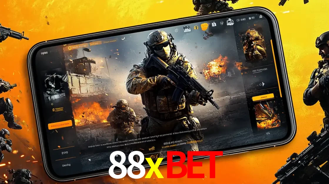Um smartphone exibindo a interface de um jogo de tiro em primeira pessoa, com um soldado em um cenário de batalha, representando a ação dos e-sports para apostar no 88xbet.