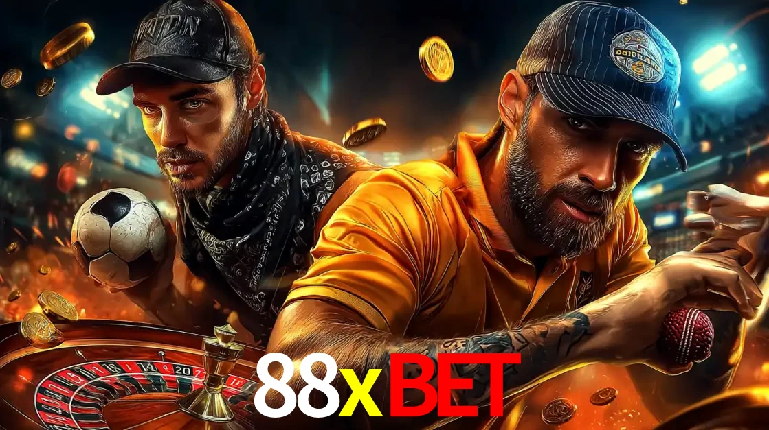 Montagem de apostas esportivas e cassino no 88xbet, com um homem segurando uma bola de futebol e outro uma de beisebol sobre uma roleta e moedas voadoras.