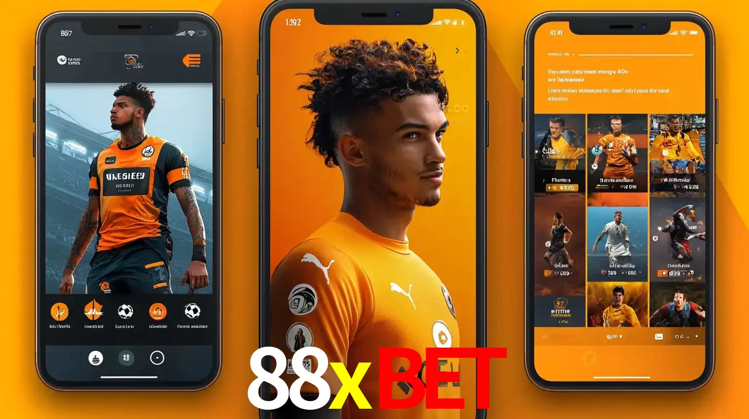 Interface do aplicativo de apostas esportivas 88xbet em três telas de celular, mostrando o perfil de um jogador de futebol e a lista de jogos disponíveis para apostar.