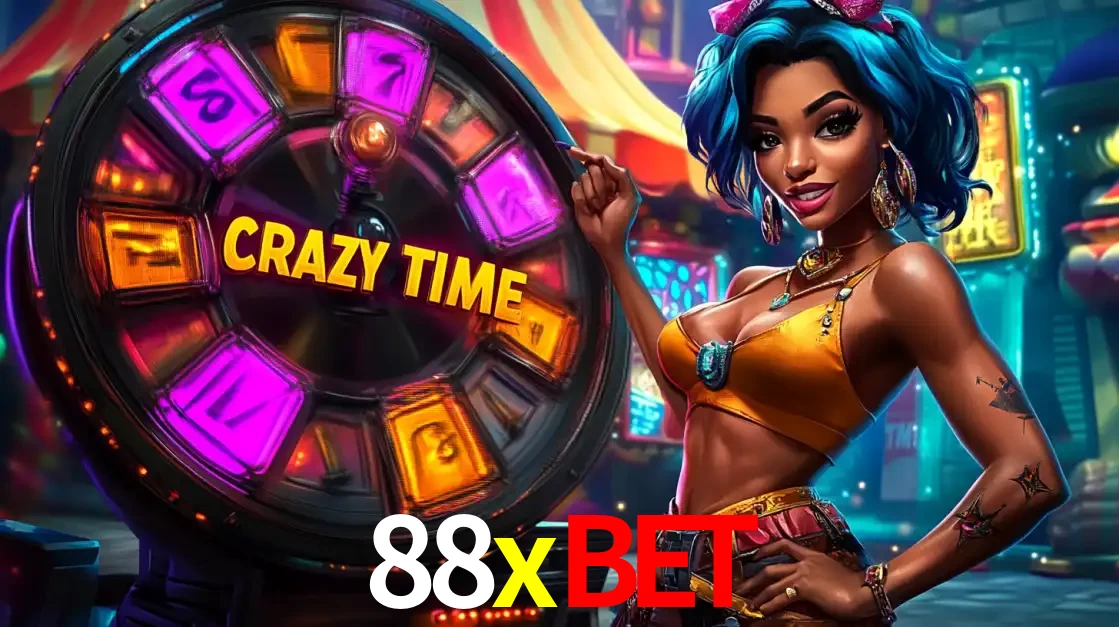 Mulher estilizada com cabelo azul e visual vibrante posando ao lado da roda de prêmios do game show Crazy Time, convidando para a diversão e os bônus do cassino 88xbet.