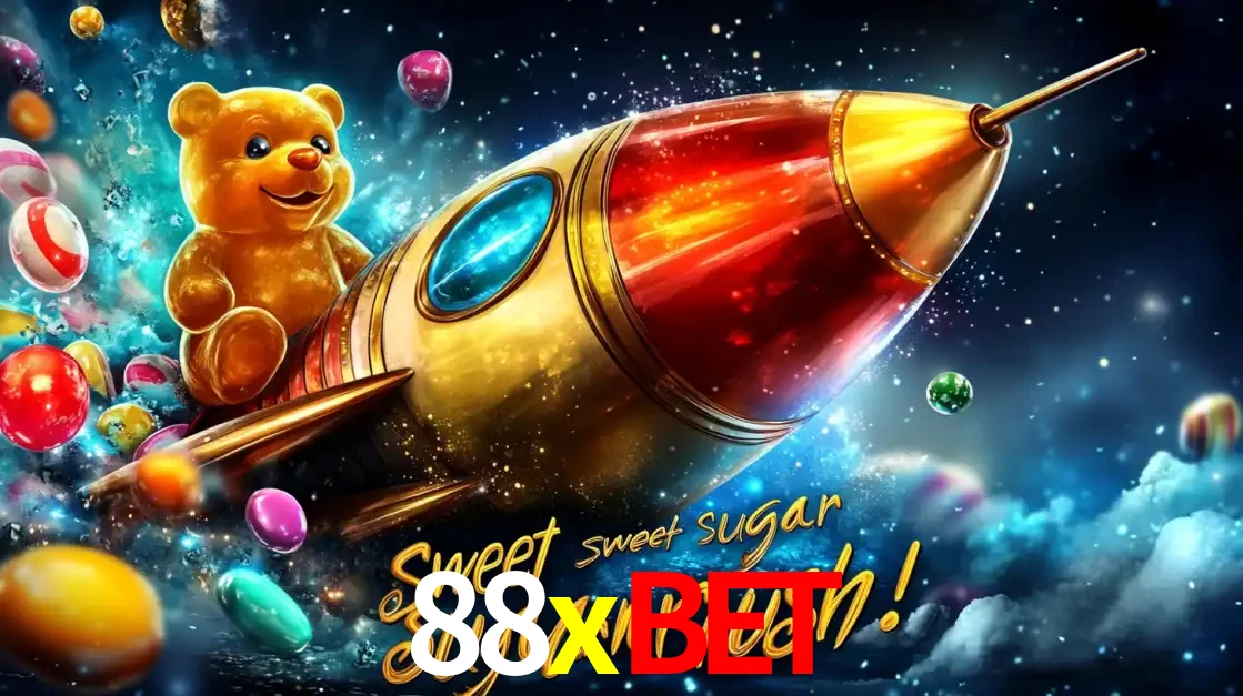 Arte promocional do jogo de slot Sugar Rush, com um urso de pelúcia em um foguete viajando pelo espaço de doces, um dos jogos divertidos disponíveis no cassino 88xbet.