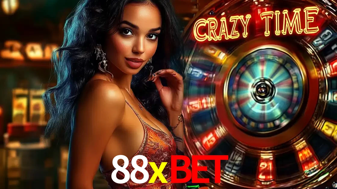Mulher elegante ao lado da vibrante roda da fortuna do jogo de cassino ao vivo Crazy Time, um dos game shows mais populares e cheios de prêmios do 88xbet.