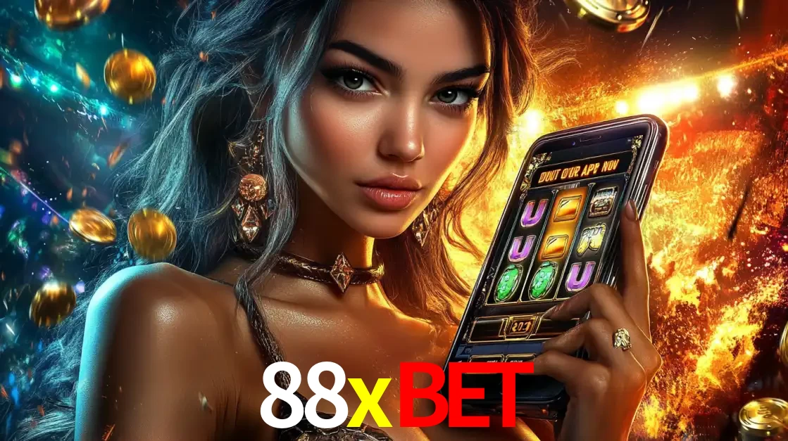 Mulher elegante mostrando um jogo de caça-níqueis em seu smartphone, destacando a experiência de cassino móvel oferecida pelo aplicativo 88xbet.