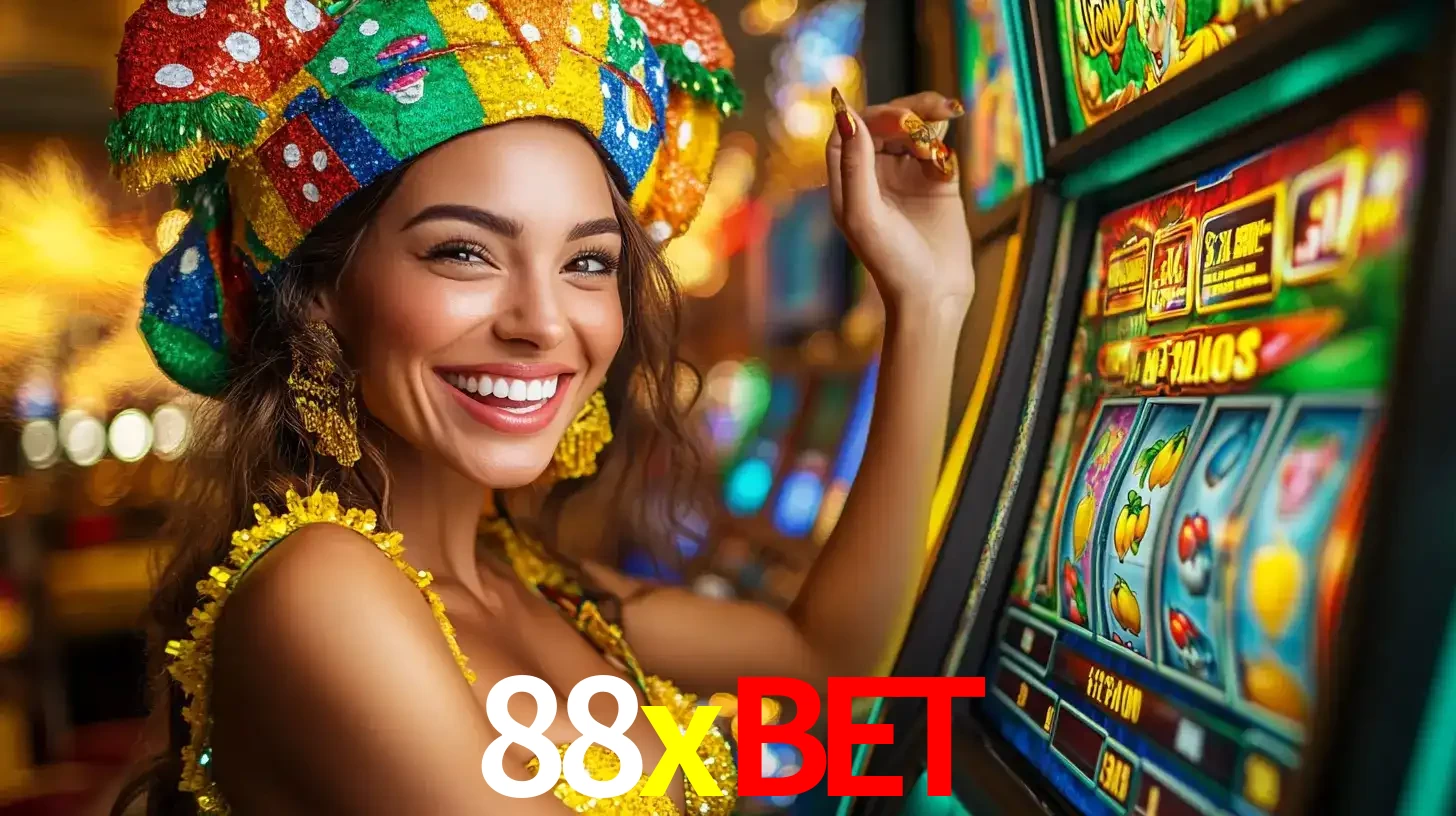 Mulher feliz com traje de carnaval amarelo e colorido ao lado de uma máquina de caça-níqueis, aproveitando a diversão e os jogos temáticos do cassino 88xbet.
