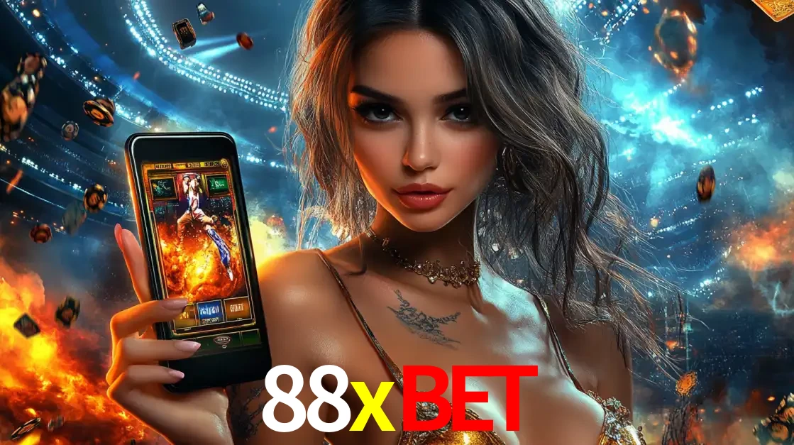 Mulher segurando um celular com um jogo de slot em destaque, tendo como fundo um estádio vibrante, simbolizando a emoção de jogar no cassino móvel 88xbet.
