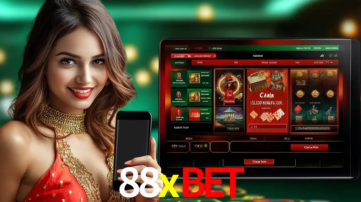 Mulher sorridente segurando um smartphone, ao lado de uma tela exibindo o lobby de jogos do cassino online 88xbet, com várias opções de jogos de cartas e slots.
